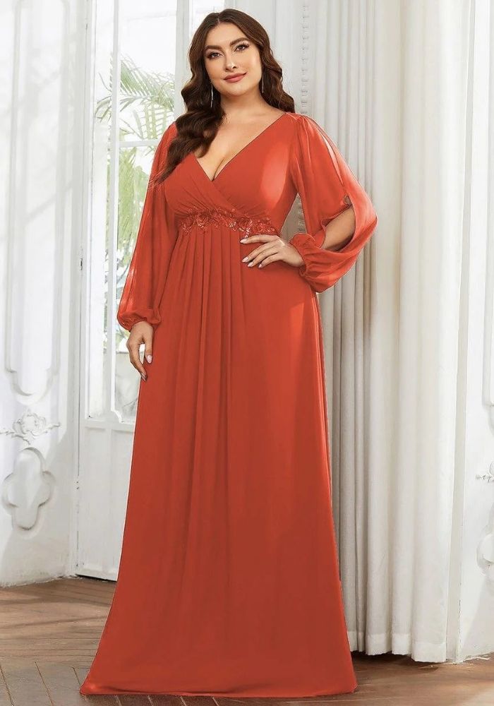 Kleid in Rostrot Langärmliges Brautkleid A-Linie