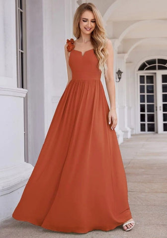 Kleid Rostrot Abendkleid Blumenträger V-Ausschnitt Ärmellos