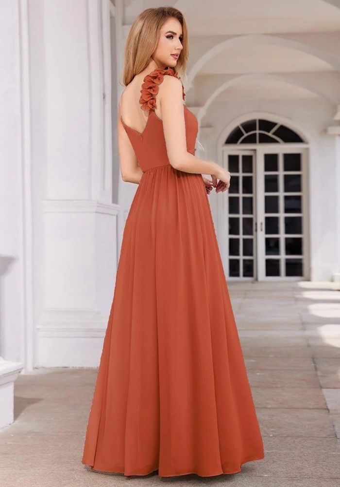 Kleid Rostrot Abendkleid Blumenträger V-Ausschnitt Ärmellos