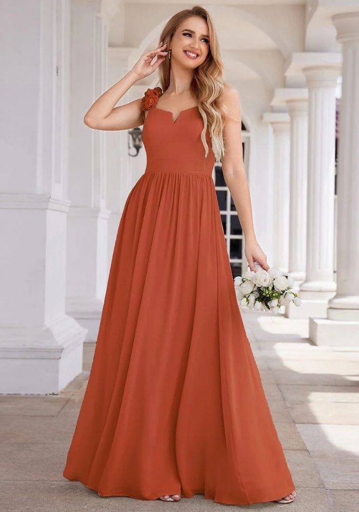 Kleid Rostrot Abendkleid Blumenträger V-Ausschnitt Ärmellos