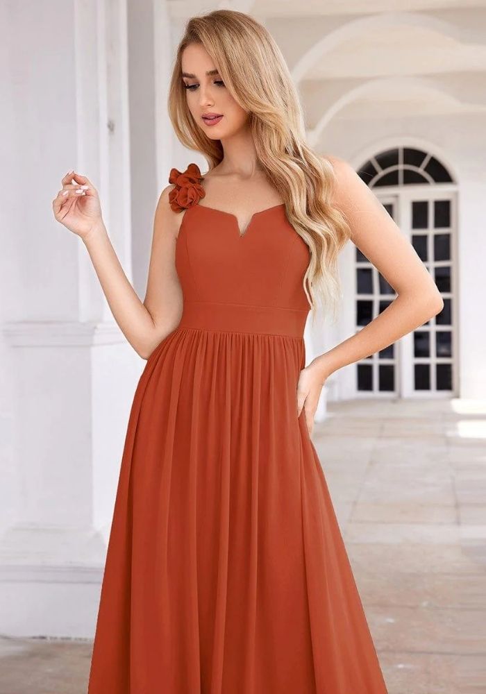 Kleid Rostrot Abendkleid Blumenträger V-Ausschnitt Ärmellos