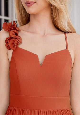 Kleid Rostrot Abendkleid Blumenträger V-Ausschnitt Ärmellos