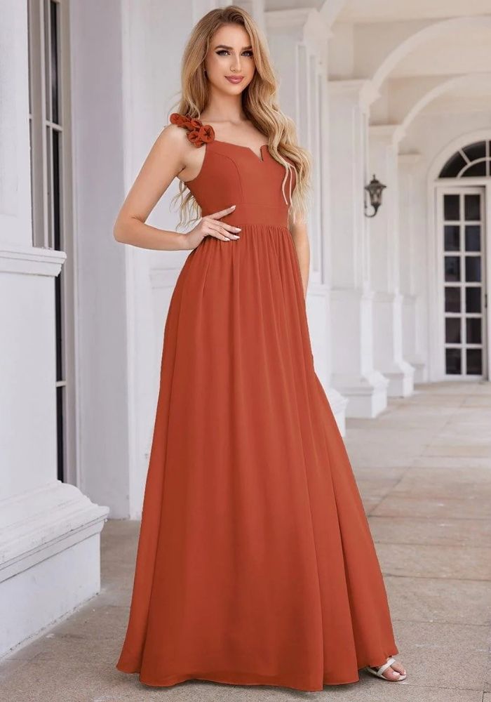 Kleid Rostrot Abendkleid Blumenträger V-Ausschnitt Ärmellos