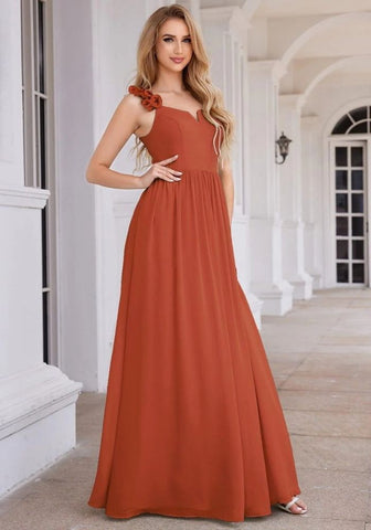Kleid Rostrot Abendkleid Blumenträger V-Ausschnitt Ärmellos