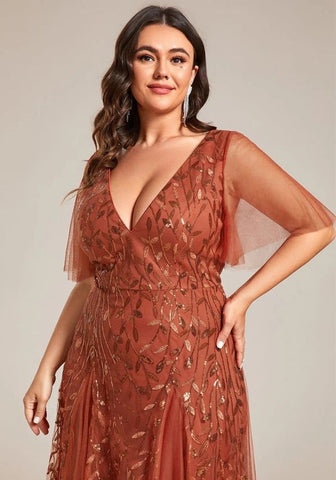 Kleid Rostrot Abendkleid Lang A-LINE Tief V-Ausschnitt