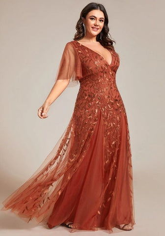 Kleid Rostrot Abendkleid Lang A-LINE Tief V-Ausschnitt