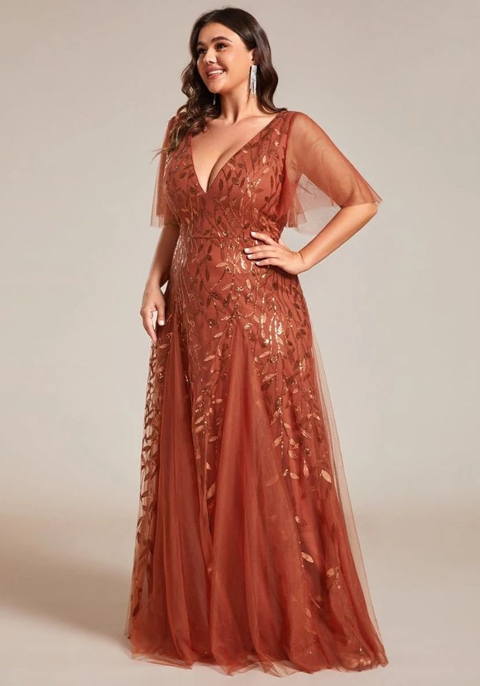 Kleid Rostrot Abendkleid Lang A-LINE Tief V-Ausschnitt