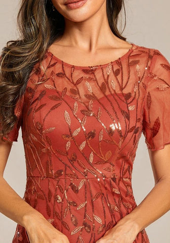 Kleid Rostrot Abendkleid Pailletten Print Fishtail Tüll