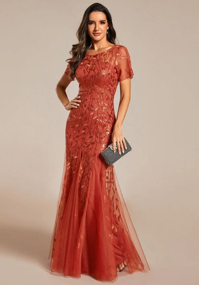 Kleid Rostrot Abendkleid Pailletten Print Fishtail Tüll