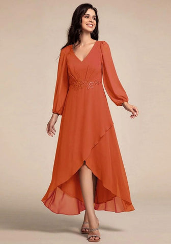 Kleid Rostrot Abendkleid V-Ausschnitt Chiffon 2025