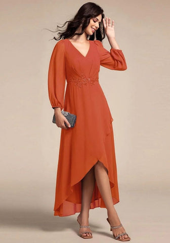 Kleid Rostrot Abendkleid V-Ausschnitt Chiffon 2025