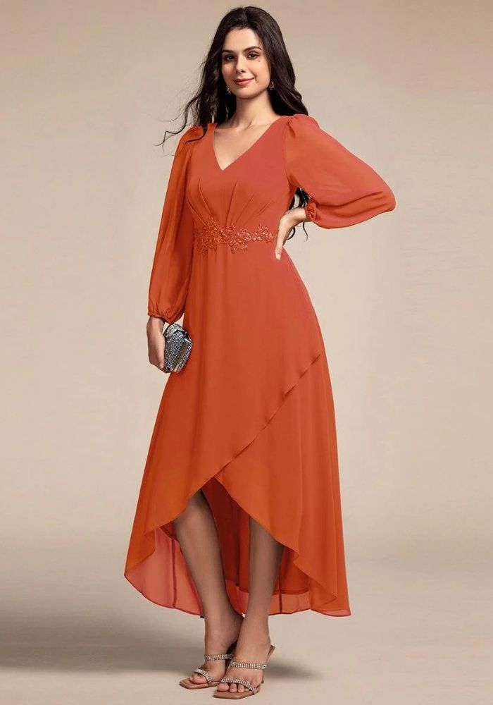 Kleid Rostrot Abendkleid V-Ausschnitt Chiffon 2025