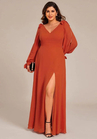 Kleid Rostrot Brautjungfernkleid A-Linie Langärmlig
