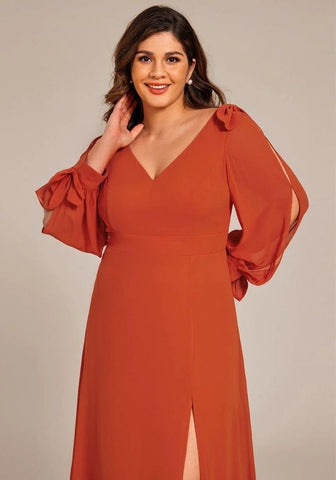 Kleid Rostrot Brautjungfernkleid A-Linie Langärmlig