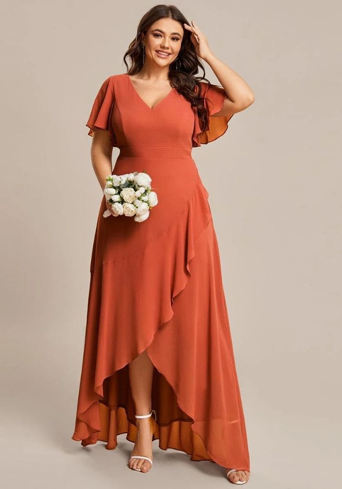 Kleid Rostrot Gerafftes Brautjungfernkleid A-Schnitt