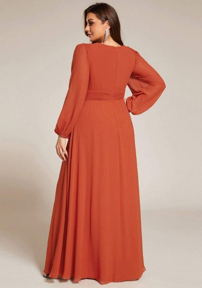 Kleid Rostrot Große Größen Abendkleid Langärmlig O-Hals