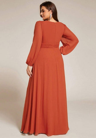 Kleid Rostrot Große Größen Abendkleid Langärmlig O-Hals