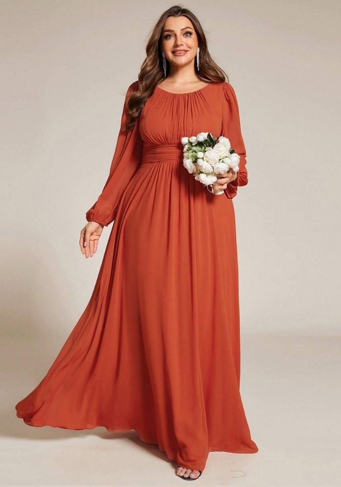 Kleid Rostrot Große Größen Abendkleid Langärmlig O-Hals