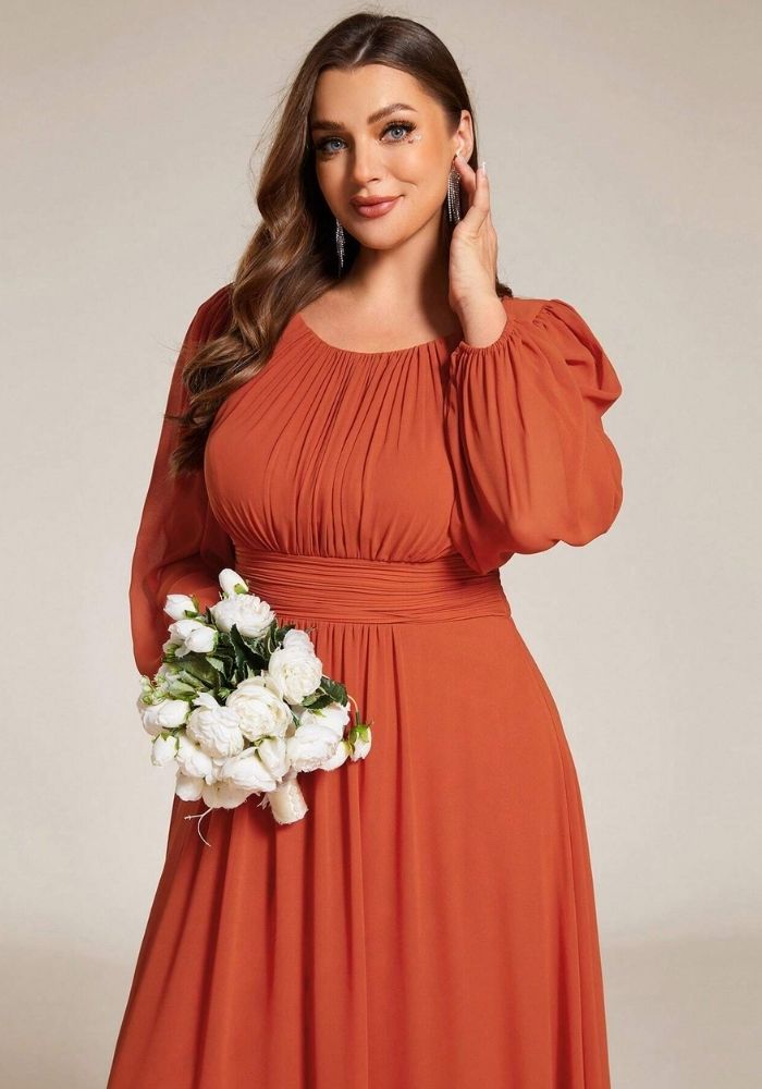 Kleid Rostrot Große Größen Abendkleid Langärmlig O-Hals