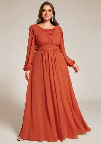 Kleid Rostrot Große Größen Abendkleid Langärmlig O-Hals