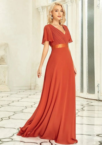 Kleid Rostrot Hochzeit V-Ausschnitt Gerafft