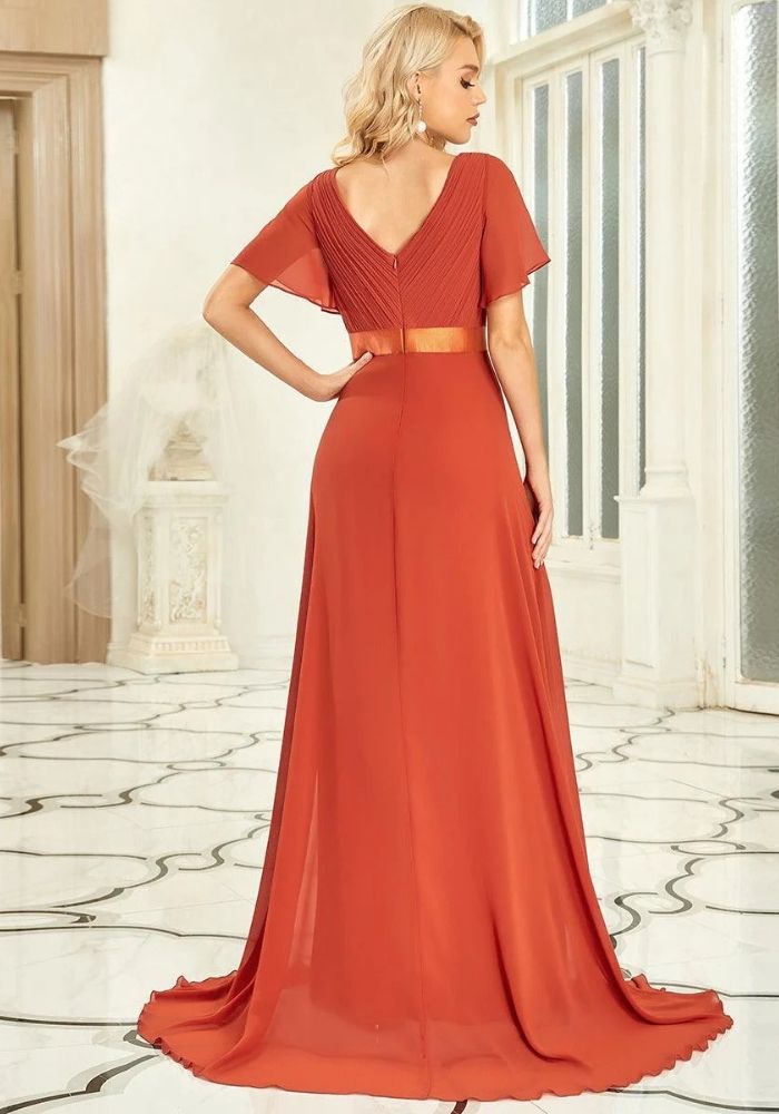 Kleid Rostrot Hochzeit V-Ausschnitt Gerafft