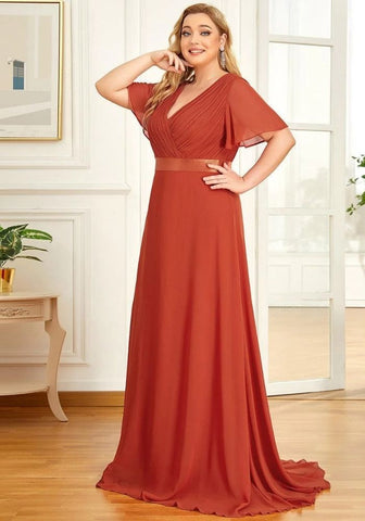 Kleid Rostrot Hochzeit V-Ausschnitt Gerafft