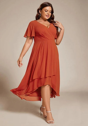 Rostrot Kleid A-Linie Dusty Chiffon Hochzeitsgastkleid