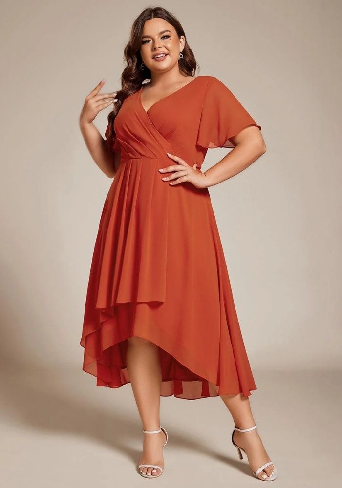 Rostrot Kleid A-Linie Dusty Chiffon Hochzeitsgastkleid