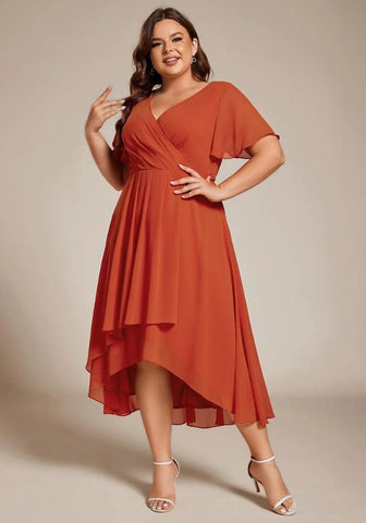 Rostrot Kleid A-Linie Dusty Chiffon Hochzeitsgastkleid