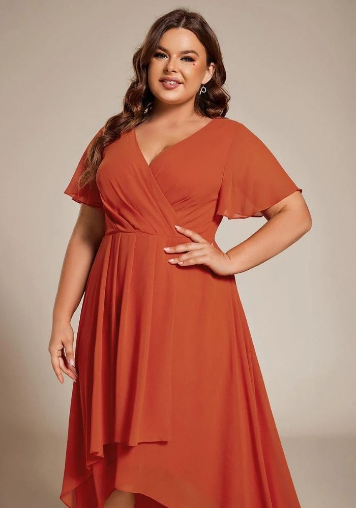 Rostrot Kleid A-Linie Dusty Chiffon Hochzeitsgastkleid