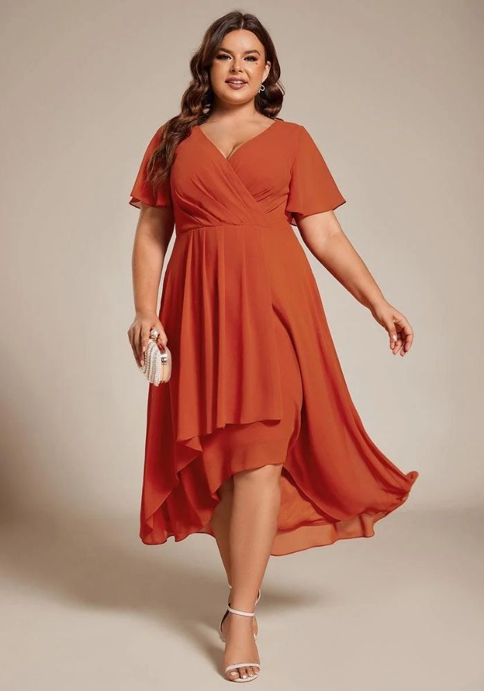 Rostrot Kleid A-Linie Dusty Chiffon Hochzeitsgastkleid