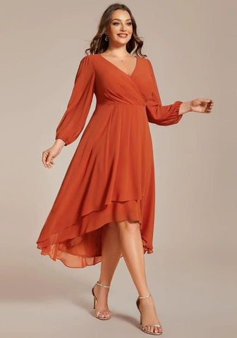 Rostrot Kleid Gerafft Knielang Chiffon Brautkleid