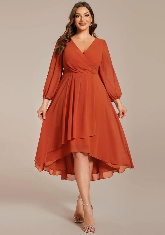 Rostrot Kleid Gerafft Knielang Chiffon Brautkleid