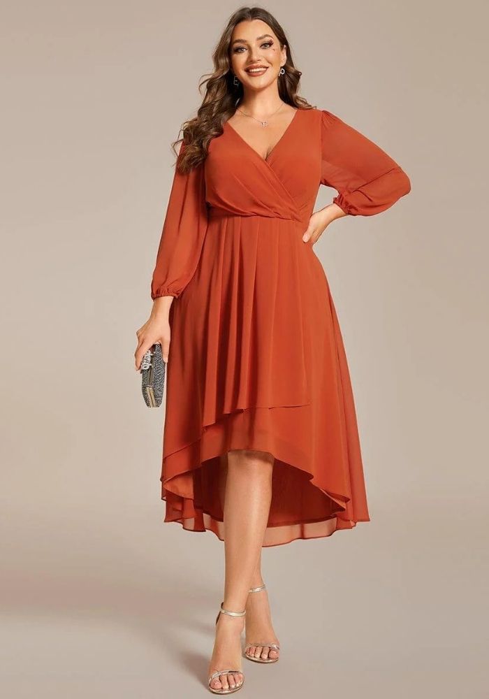 Rostrot Kleid Gerafft Knielang Chiffon Brautkleid