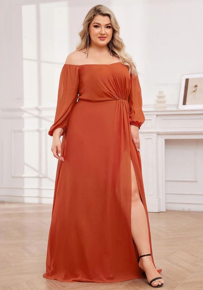 Rostrotes Kleid Laternenärmel-Kleid Maxilänge