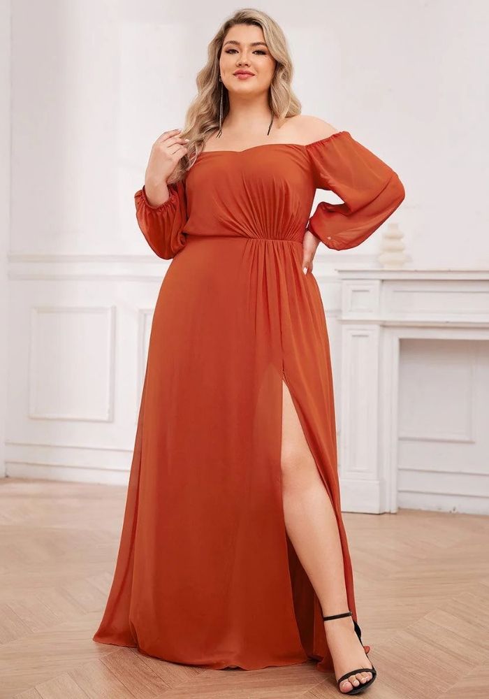 Rostrotes Kleid Laternenärmel-Kleid Maxilänge