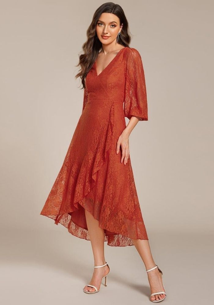 Rostrotes Kleid Laternenärmel mit Fließendem Saum