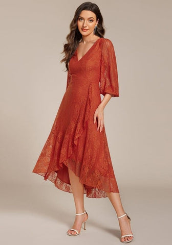 Rostrotes Kleid Laternenärmel mit Fließendem Saum