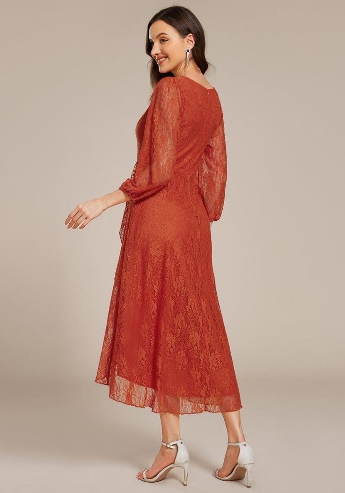 Rostrotes Kleid Laternenärmel mit Fließendem Saum