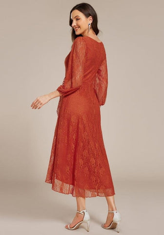 Rostrotes Kleid Laternenärmel mit Fließendem Saum