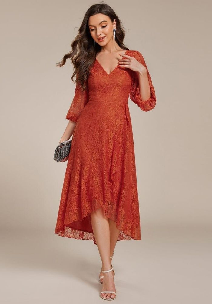 Rostrotes Kleid Laternenärmel mit Fließendem Saum