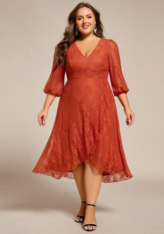 Rostrotes Kleid Laternenärmel mit Fließendem Saum