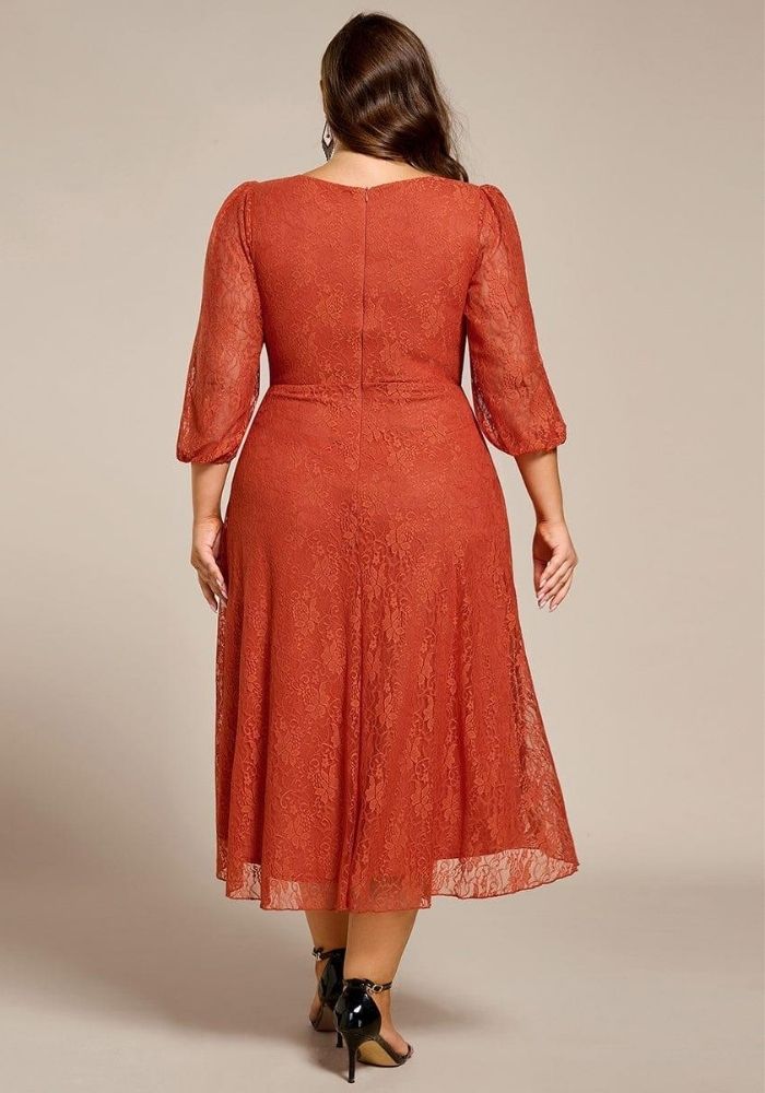 Rostrotes Kleid Laternenärmel mit Fließendem Saum