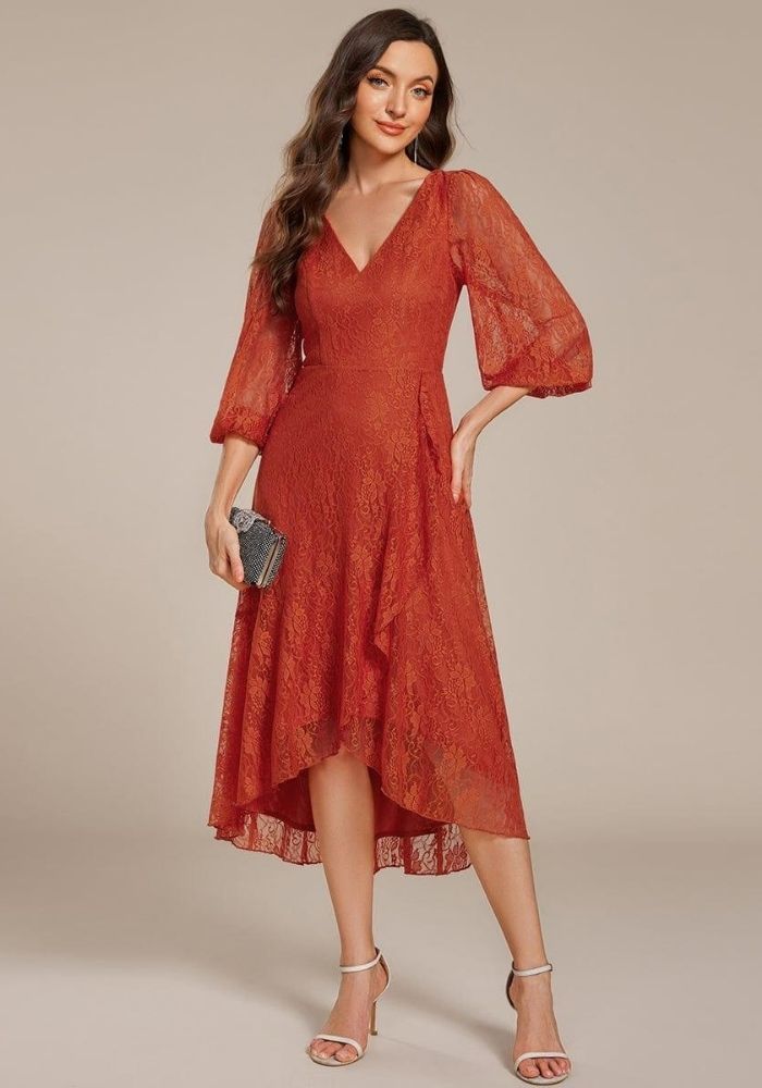 Rostrotes Kleid Laternenärmel mit Fließendem Saum