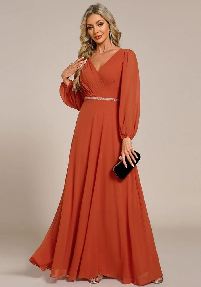 Rostrotes Kleid Staubiges Brautjungfernkleid Langärmlig