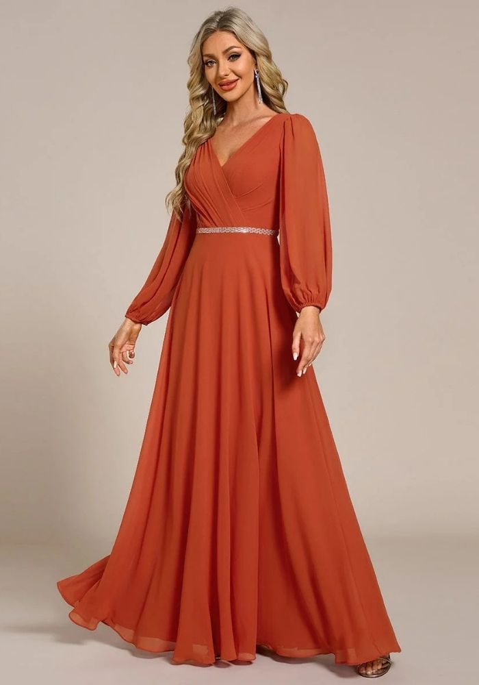 Rostrotes Kleid Staubiges Brautjungfernkleid Langärmlig