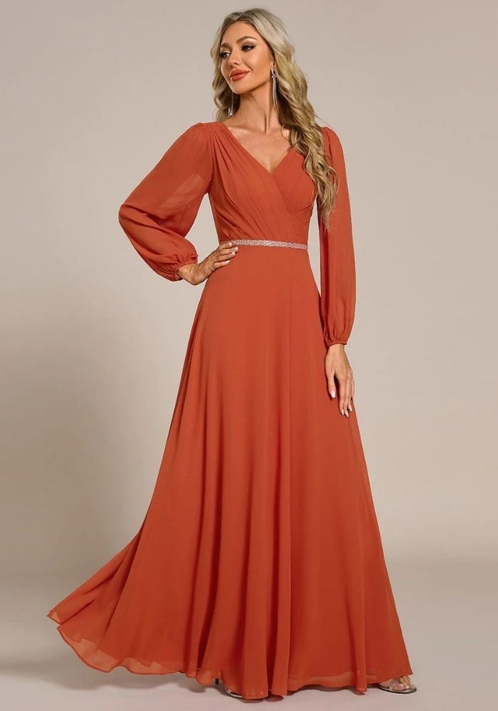 Rostrotes Kleid Staubiges Brautjungfernkleid Langärmlig